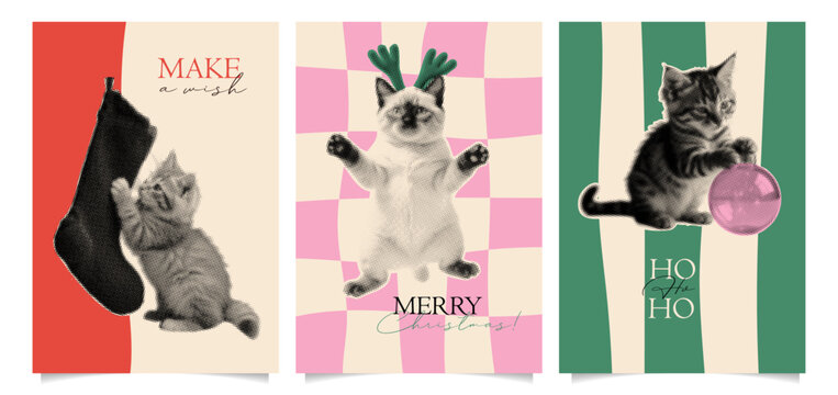 Christmas trendy whimsical art collage greeting banner templates set. Funny vintage halftone cut out cats in antlers, with Christmas stocking, and xmas tree bauble. Retro grunge mixed media vector