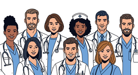 Group of diverse cartoon healthcare professionals smiling in scrubs and white coats