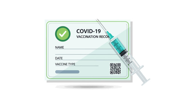 Image depicts a COVID19 vaccination record with a syringe on a white background