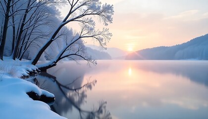 Frozen lake reflection with frosty branches and pastel sunrise sky 