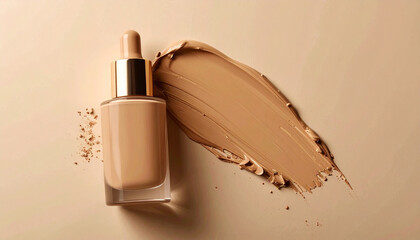 Bottle of beige liquid foundation with smooth stroke of makeup, cosmetic branding. Close-up.