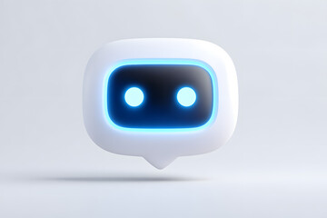 Futuristic white robot with digital eyes and speech bubble. Friendly AI character design for tech, chatbot, or digital assistant content.