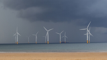 The North Sea coast showing the wind farm off the coast at Redcar