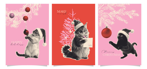 Monochrome funny Christmas cat halftone collage on pink and red background. Fun playful pets with xmas tree balls, writing letter to Santa. Vector cards for holiday designs