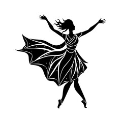 Elegant woman dancing gracefully with flowing dress silhouette isolated on white background