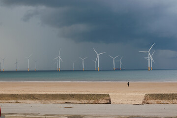 The North Sea coast showing the wind farm off the coast at Redcar