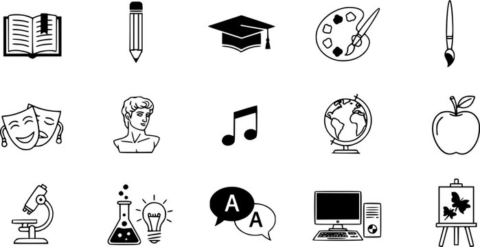education and art icons set illustrating learning themes