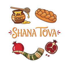 Shana tova rosh hashanah symbols honey challah pomegranate shofar festive greeting elements vector vector illustration on white background