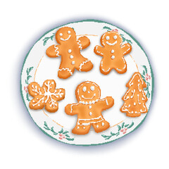 Pixel Christmas gingerbread cookies shaped like men snowflake and tree on a plate perfect for festive cards packaging and winter design