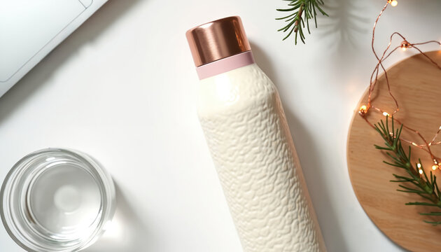 Top view of clean, minimalist desk workspace. White textured water bottle with rose gold cap, glass of water, laptop arranged. Pine branch, fairy lights add cozy, stylish touch. Workspace promotes