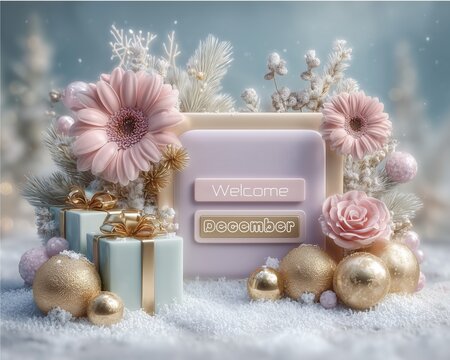 Hello December pastel template with Hello December pastel minimalistic layout design with soft snowy background, modern Hello December template for social media post ,elegant Hello December winter