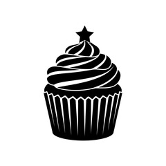 Simple black silhouette of a swirled cupcake with a star topping isolated on white vector vector illustration on white background