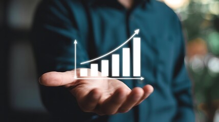 Businessperson Holding Digital Bar Chart with Glowing Growth Indicators in Futuristic Technology Concept