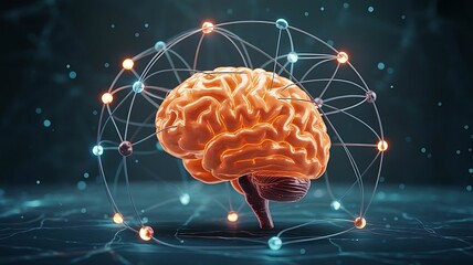 Brain and network connection on glitter bright lights colorful background