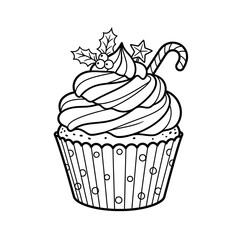 Whimsical christmas cupcake outline with holly candy cane and star for coloring fun vector vector illustration on white background