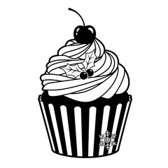 Detailed black and white cupcake with cherry frosting and festive accents for delicious baking designs vector vector illustration on white background