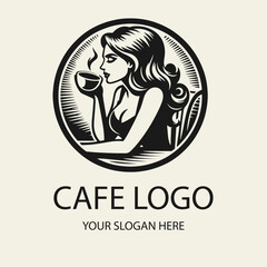 Black and white flat vector logo of a beautiful girl drinking coffee at a table, minimalist elegant outline design perfect for cafes, restaurants, branding, coffee shops and packaging.