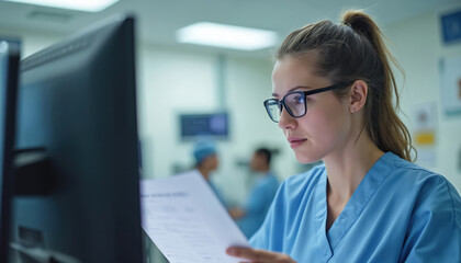 Young focused woman in blue scrubs wears black framed glasses, intently working on computer screen. Holds paper document, carefully reviewing patient information. Female medical pro checks vital