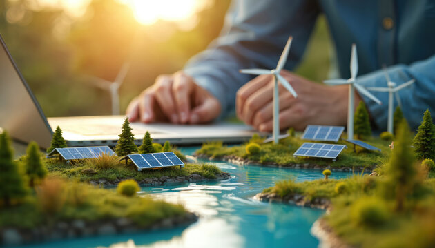 Person works on laptop with miniature eco friendly energy model. Small solar panels, wind turbines stand on green islands by blue water. Scene renewable power tech development, green investment,