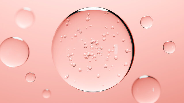 Transparent cosmetic gel fluid, serum with 3D molecules, bubbles cream, gel, moisturizer, cosmetic, liquid gel drops, hyaluronic , Close-up liquid oil, Natural Organic Cosmetics, skin care, beauty ani
