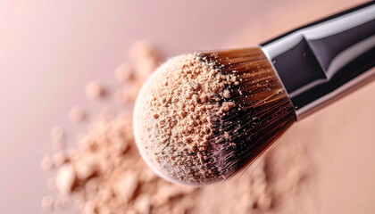 Cosmetic brush lightly coated with loose powder. Texture, elegance and makeup application.