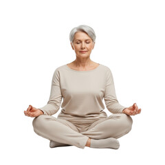 Elderly woman meditating in lotus pose isolated on transparent background