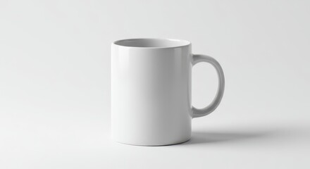 Fototapeta premium A plain white ceramic coffee mug sits centered and alone on a stark white background, emphasizing simplicity and negative space for design concepts, generic, coffee, morning