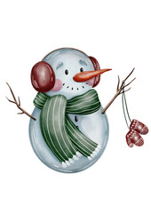 Cute Watercolor snowman illustration, isolated on transparent background	