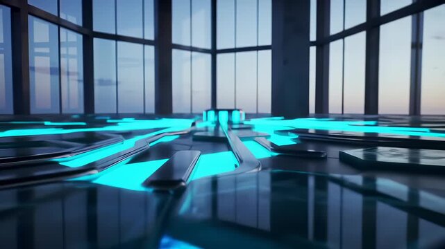 Kinetic Energy Capture: Footsteps Power a Futuristic Smart Floor with Glowing Pathways, Showcasing Renewable Technology in Modern Architecture.