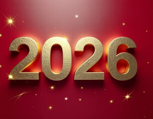 Złoty napis 2026 na czerwonym tle, obok błyski światła, gwiazdki. Sylwestrowe tło © Monika