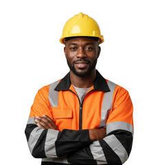 Construction worker in safety vest and hard hat isolated on transparent background