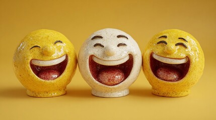 Colorful ceramic smiley faces with joyful expressions on yellow background