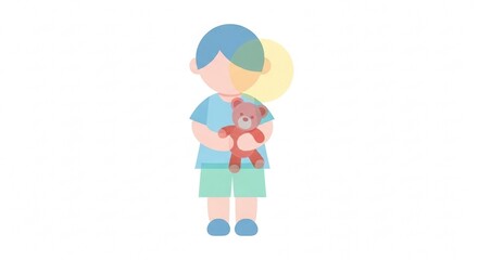 Minimalist vector illustration of a birthday boy hugging a teddy bear in pastel colors, celebration and holidays concept on white background
