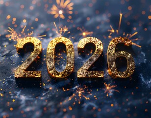 Złoty napis 2026 otoczony fajerwerkami © Monika