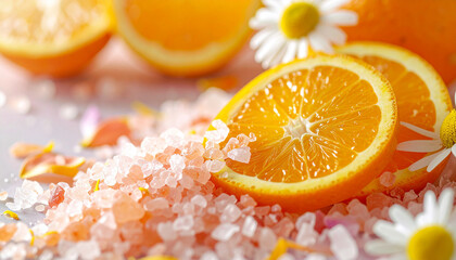 Himalayan pink salt crystals mixed with fresh orange slices, chamomile flowers and delicate petals