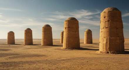 Monumental stone structures of the ancient world rising from the arid desert landscape, representing eternal power, history, and architectural wonder, sand, outdoor, mysterious