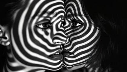 Two women faces with black, white wavy stripes. Optical illusion creates hypnotizing visual effect. Heads close together, showing connection, deep thought, mental focus. Modern art piece features