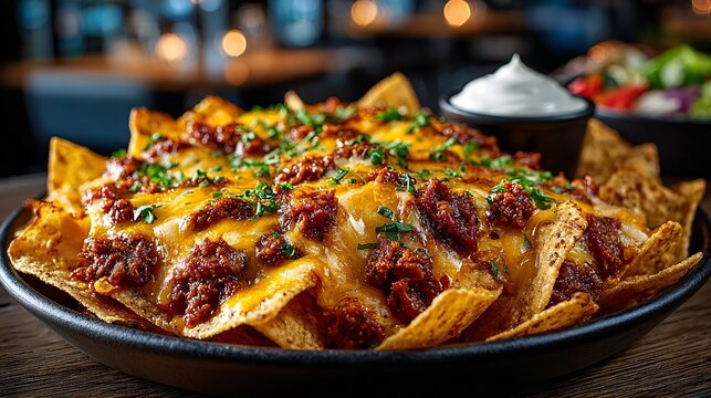 Delicious Cheesy Nachos with Ground Beef and Toppings on Wooden Table