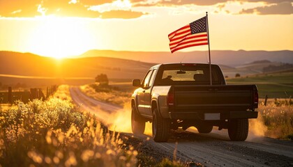 Sunset Journey of Freedom: A Pickup Truck Roars Down a Dusty Road, American Flag Flying Proudly Against the Golden Glow of Rural Hills and Endless Sky