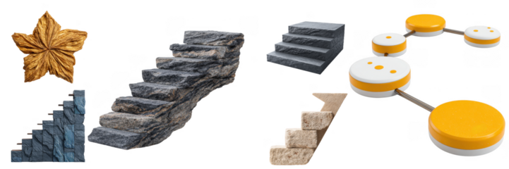 A diverse collection of architectural stone stairs and abstract yellow-themed structures, creatively presented for different applications on transparent background.