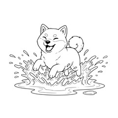 Fototapeta premium Joyful Shiba Inu splashing in a puddle, coloring book page for toddlers Generative AI