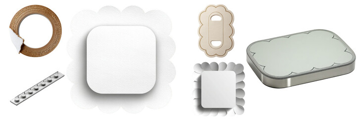 Collection of decorative elements, including embellishments, white labels, and textured borders presented for design applications, all showcased on transparent background