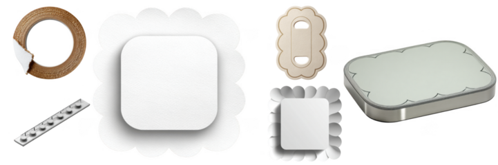 Collection of decorative elements, including embellishments, white labels, and textured borders presented for design applications, all showcased on transparent background