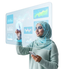 Woman in hijab interacting with futuristic holographic display isolated on transparent background