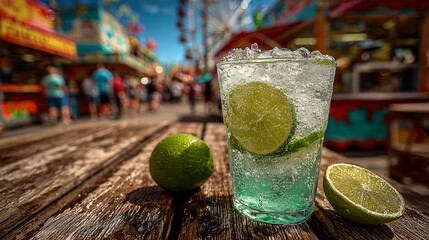 Refreshing Lime Sparkler on a Vibrant Summer Fairground Table