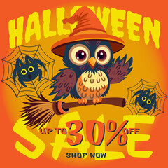 Obraz premium Halloween sale banner, postcard. Cute owl on a broom, spiders on a web on an orange background. Vector illustration.
