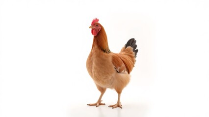 Fototapeta premium Brown hen standing on white background in studio, poultry farming