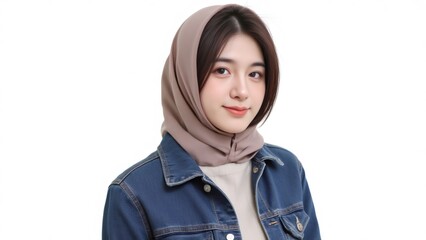 Young woman in headscarf smiles, posing indoors against a white backdrop.