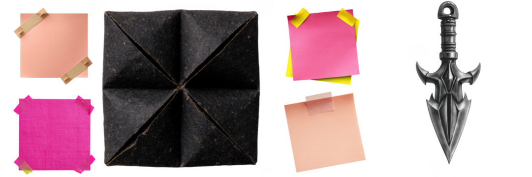 Assorted stationery elements: sticky notes, folded paper, and a dagger illustration composition with a dark background on transparent background