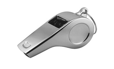 Metal whistle on white background with keys and technology items